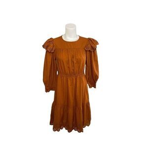 Universal Thread Long Sleeve Dress Small Brown Women's Eyelet-Detail Ruffled NEW